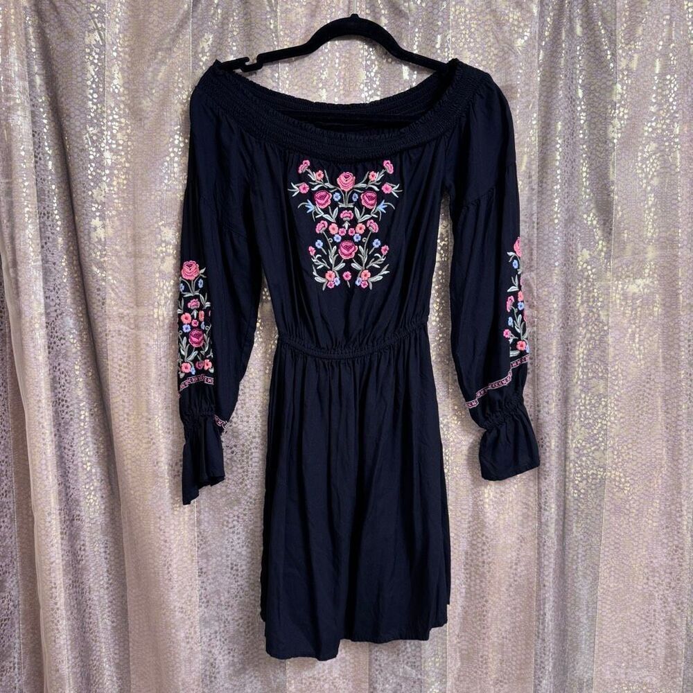 Hollister Black Colorful Flower Embroidered Off Shoulder Mini Dress XS
